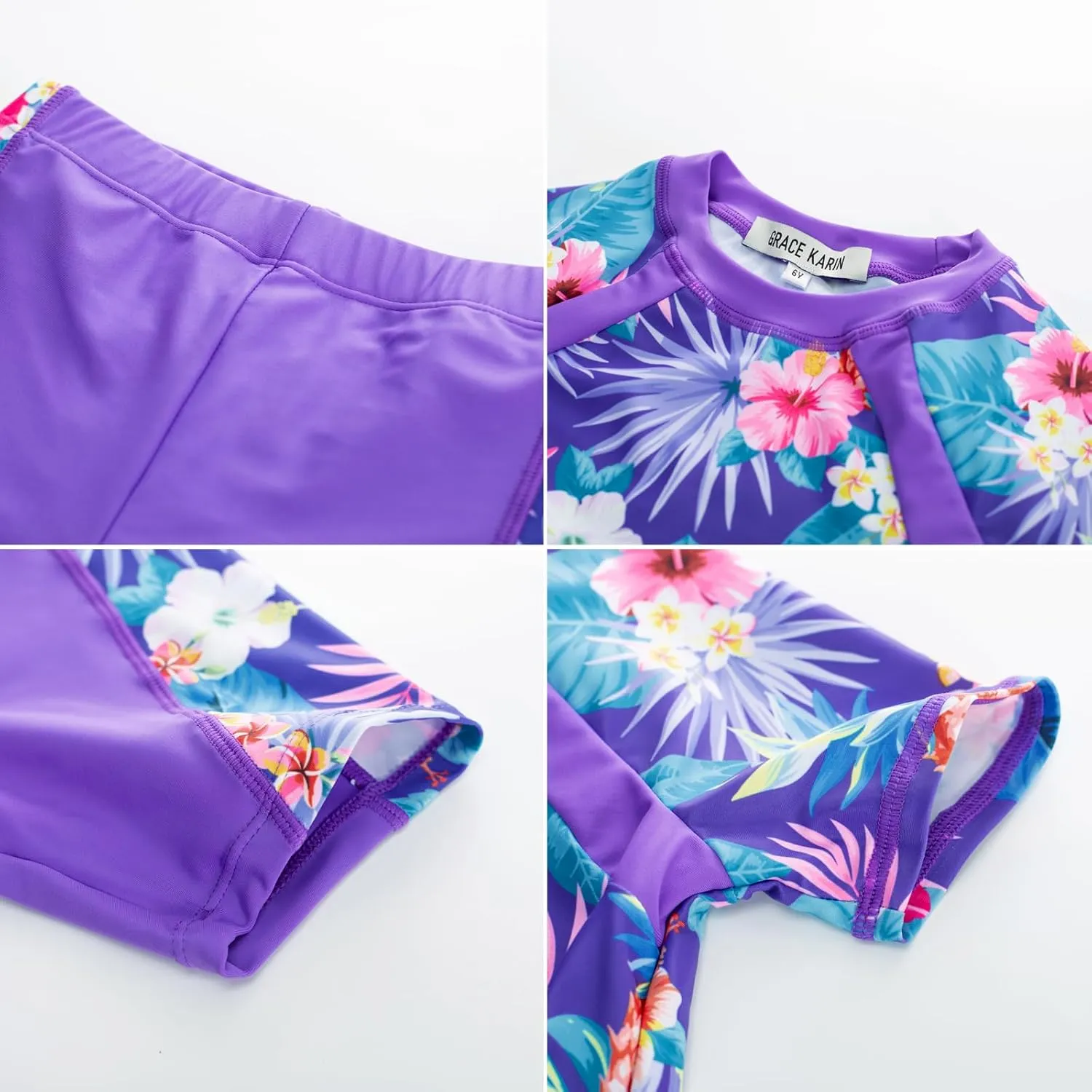 GRACE KARIN Girls Rash Guard Swimsuit Short Sleeve Two Piece Bathing Suit 6-12Y