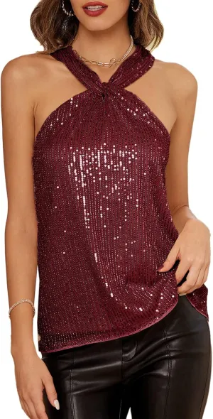 GRACE KARIN Women's Sequin Sparkle Tank Tops Halter Neck Keyhole Knot Slim Fit Cocktail Tops