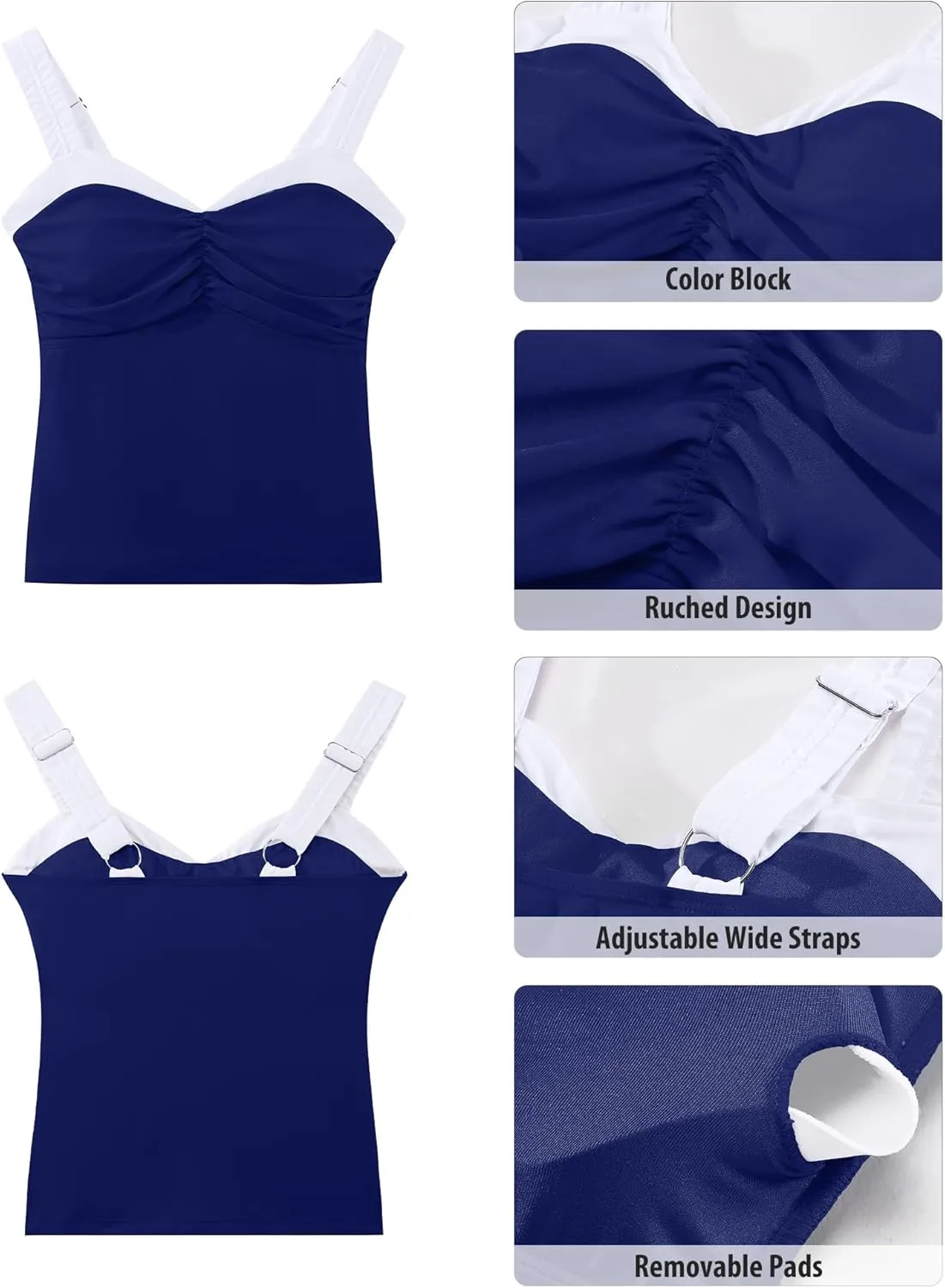 GRAPENT Tankini Tops for Women Colorblock Ruched Swimsuits Beach Padded Adjustable Straps Modest Swimwear Swim Tops Only