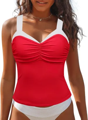 GRAPENT Tankini Tops for Women Colorblock Ruched Swimsuits Beach Padded Adjustable Straps Modest Swimwear Swim Tops Only
