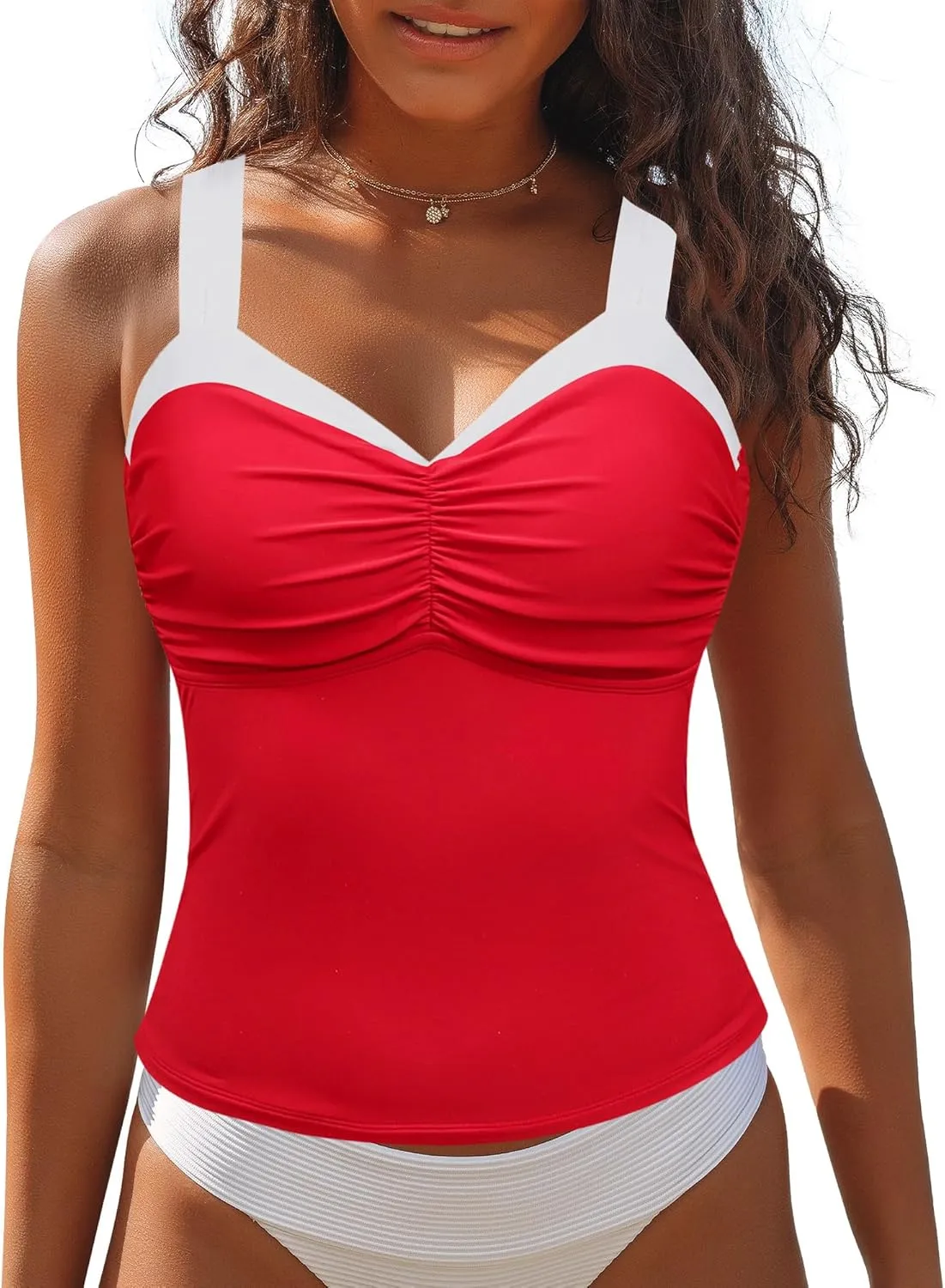 GRAPENT Tankini Tops for Women Colorblock Ruched Swimsuits Beach Padded Adjustable Straps Modest Swimwear Swim Tops Only