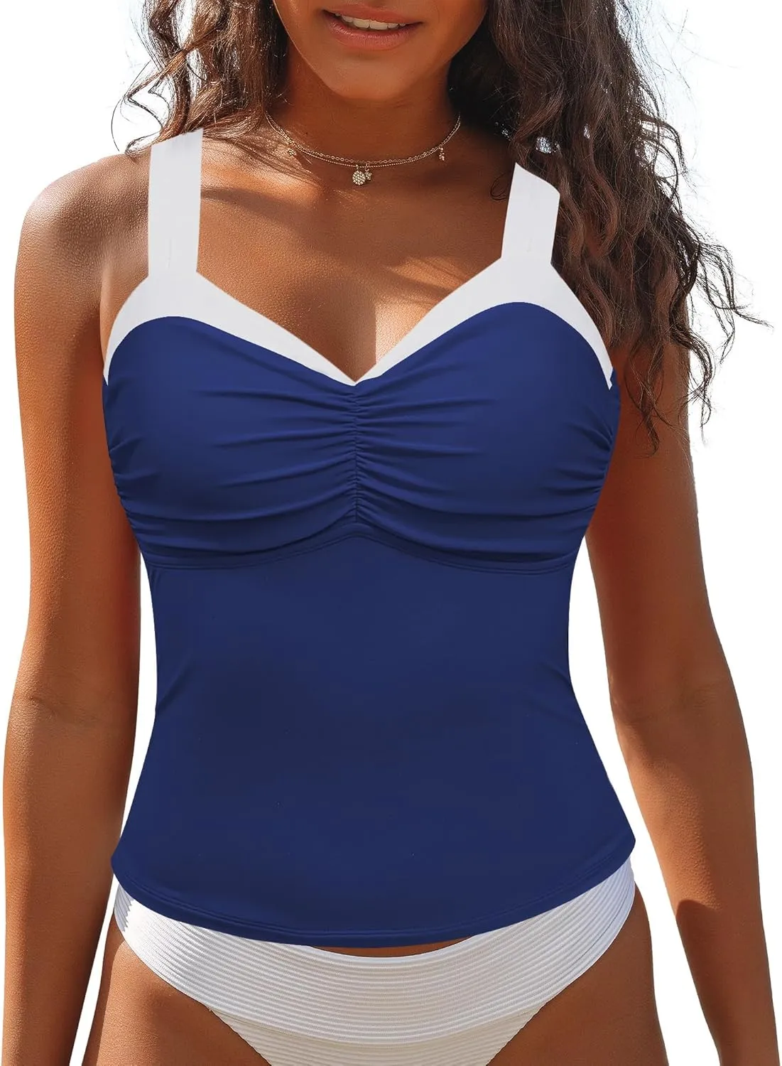 GRAPENT Tankini Tops for Women Colorblock Ruched Swimsuits Beach Padded Adjustable Straps Modest Swimwear Swim Tops Only