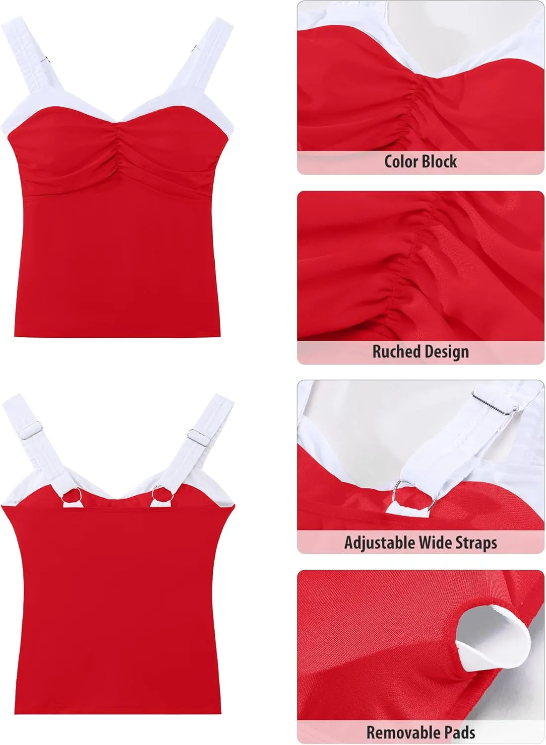 GRAPENT Tankini Tops for Women Colorblock Ruched Swimsuits Beach Padded Adjustable Straps Modest Swimwear Swim Tops Only