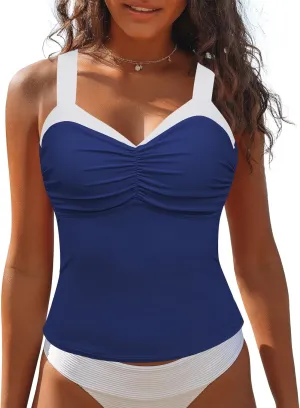 GRAPENT Tankini Tops for Women Colorblock Ruched Swimsuits Beach Padded Adjustable Straps Modest Swimwear Swim Tops Only