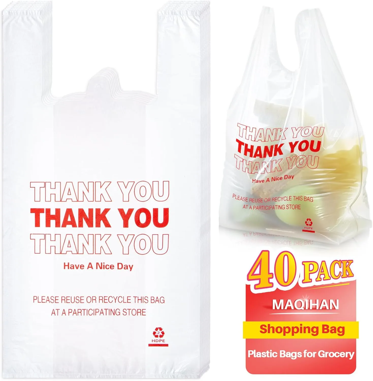Grocery Bags - 40Count Thank You T-shirt Bags for Grocery Store 11" X 21" Plastic Shopping Bag With Handles Ideal for Supermarket, Home Storage, Kitchen, Office, Large Capacity Reusable