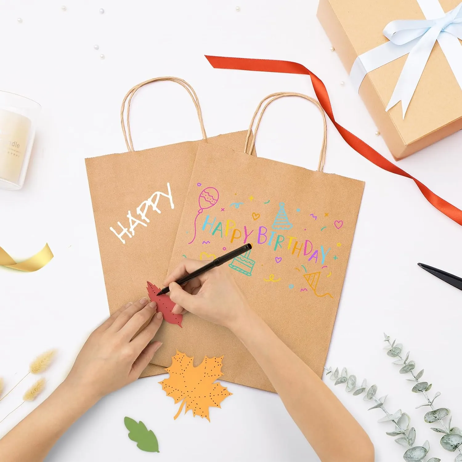 GSSUSA 100 Pack 8x4.25x10'' Paper Bags with Handles Bulk, Brown Paper Gift Bags for Small Business, Sturdy Retail Shopping, Birthday Wedding Party Favor, Craft, Kraft