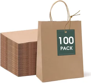 GSSUSA 100 Pack 8x4.25x10'' Paper Bags with Handles Bulk, Brown Paper Gift Bags for Small Business, Sturdy Retail Shopping, Birthday Wedding Party Favor, Craft, Kraft