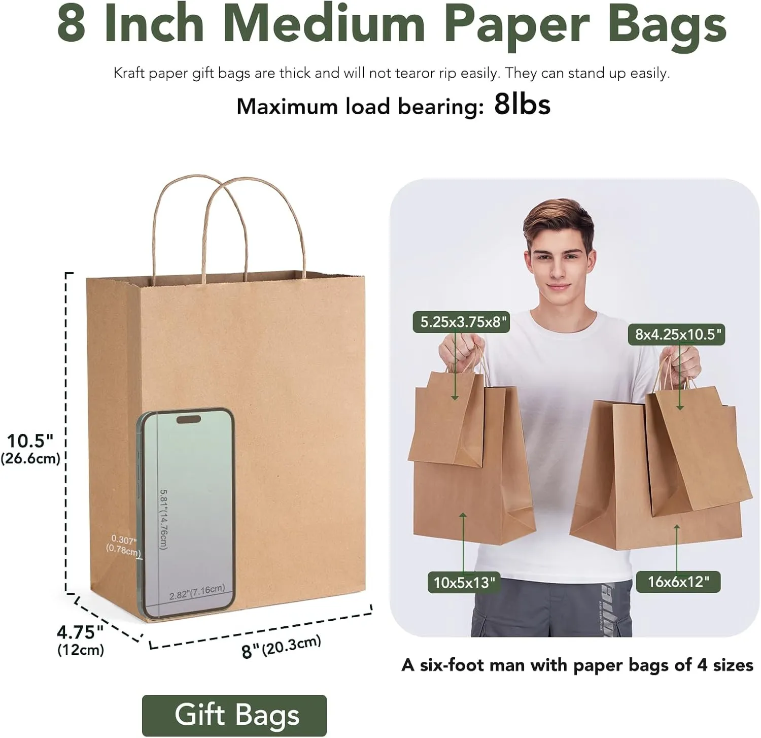 GSSUSA 100 Pack 8x4.25x10'' Paper Bags with Handles Bulk, Brown Paper Gift Bags for Small Business, Sturdy Retail Shopping, Birthday Wedding Party Favor, Craft, Kraft