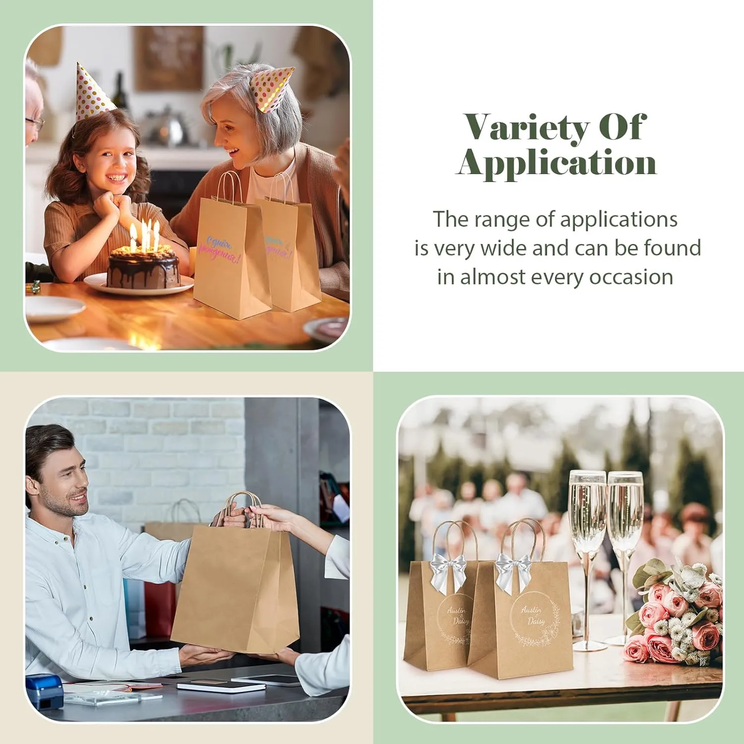GSSUSA 100 Pack 8x4.25x10'' Paper Bags with Handles Bulk, Brown Paper Gift Bags for Small Business, Sturdy Retail Shopping, Birthday Wedding Party Favor, Craft, Kraft