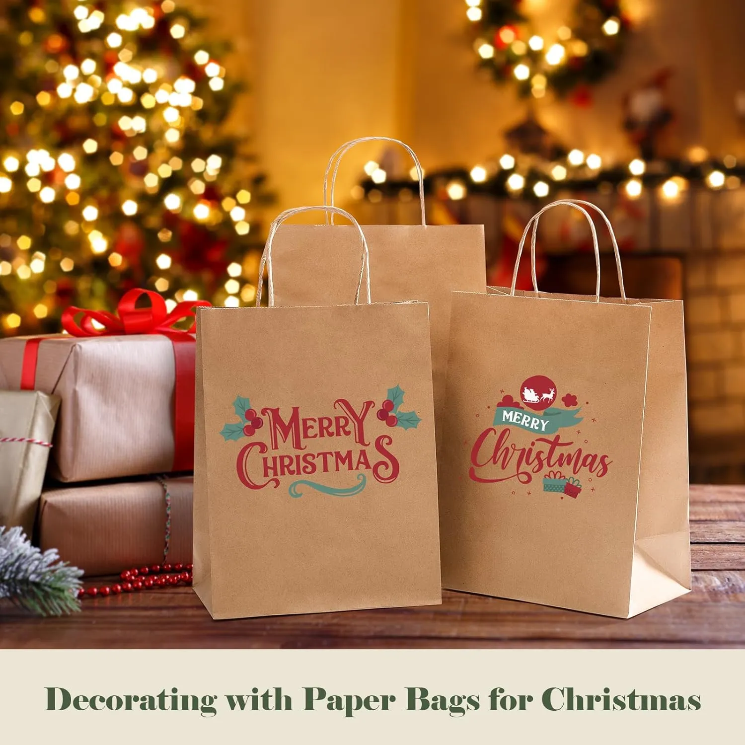 GSSUSA 100 Pack 8x4.25x10'' Paper Bags with Handles Bulk, Brown Paper Gift Bags for Small Business, Sturdy Retail Shopping, Birthday Wedding Party Favor, Craft, Kraft