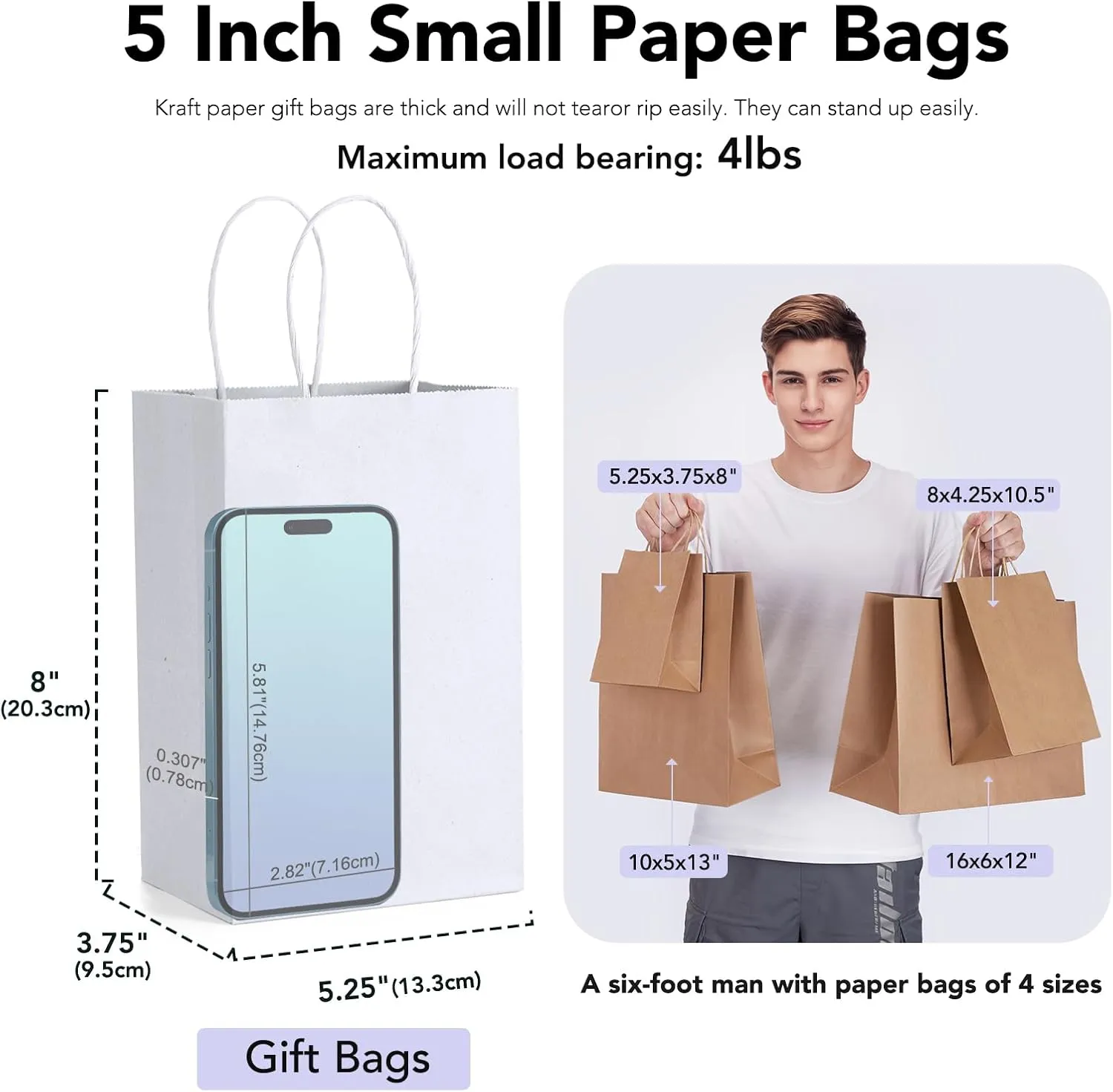 GSSUSA 50 Pcs White Kraft Paper Bags 5.25x3.75x8, Small Paper Bags with Handles for Shopping, Gift, Merchandise, Retail, Party Favor, Wedding, Gift, Bags for Small Business, Boutique