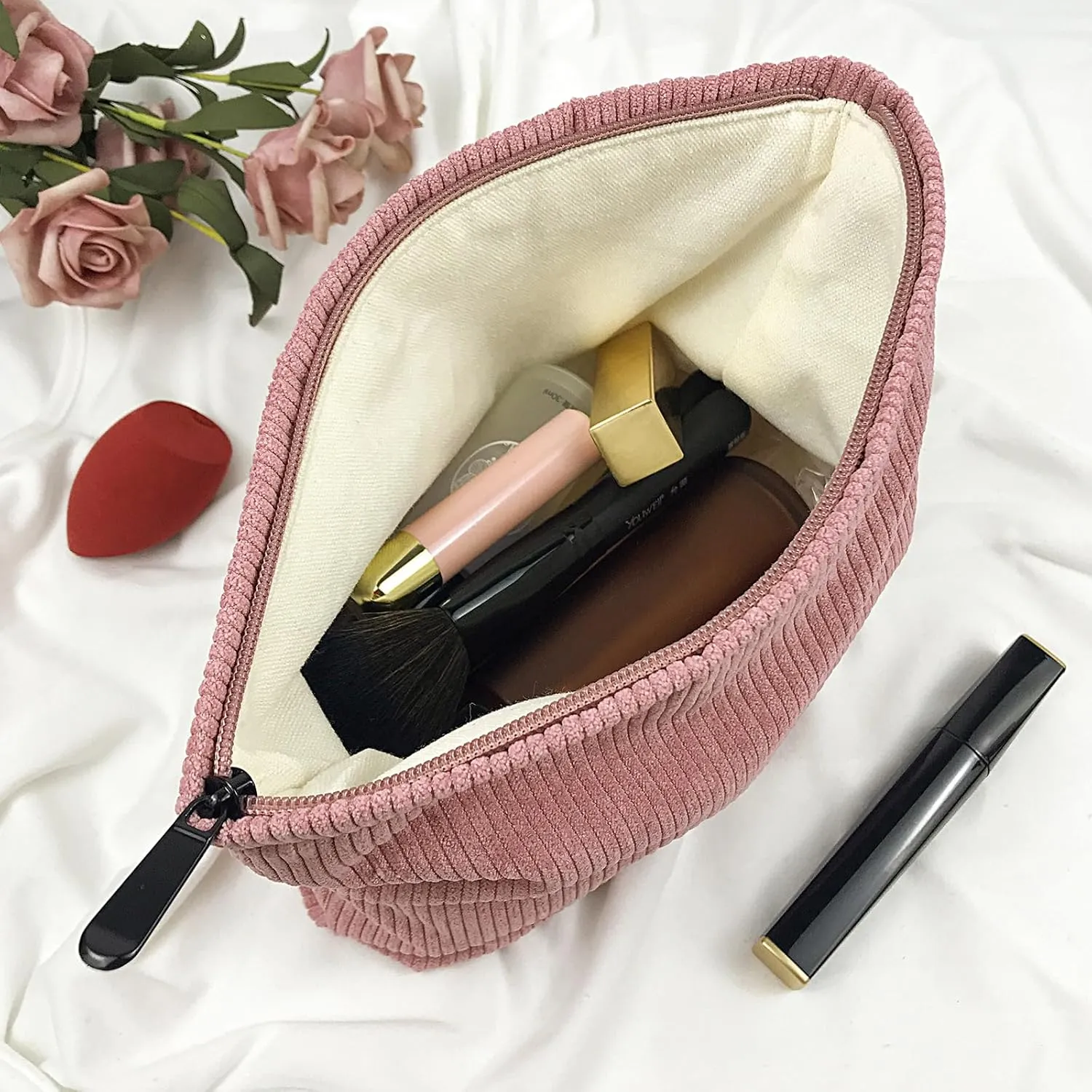 GUTGNK Women's Corduroy Cosmetic Bag, Large Capacity Canvas Cosmetic Bag Travel Toiletry Bag Accessories Organizer, Pink