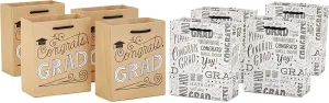 Hallmark 6" Small Graduation Gift Bag Bundle (8 Bags, 2 Designs: Kraft Congrats, Grad, Black and White) for High School Graduates, Preschool, Kindergarten, College, Open House Party Favors