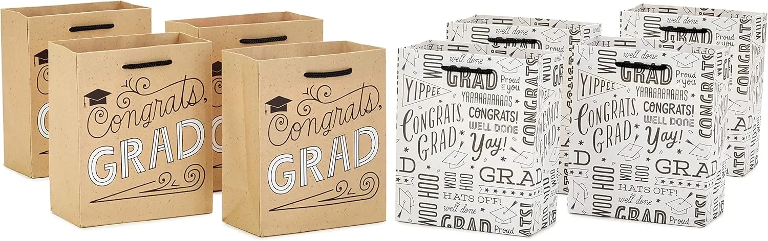 Hallmark 6" Small Graduation Gift Bag Bundle (8 Bags, 2 Designs: Kraft Congrats, Grad, Black and White) for High School Graduates, Preschool, Kindergarten, College, Open House Party Favors