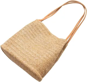 Handmade Straw Bucket Bag Women's Knitted Tote Shoulder Bag Beach Tote for Outdoor Dark