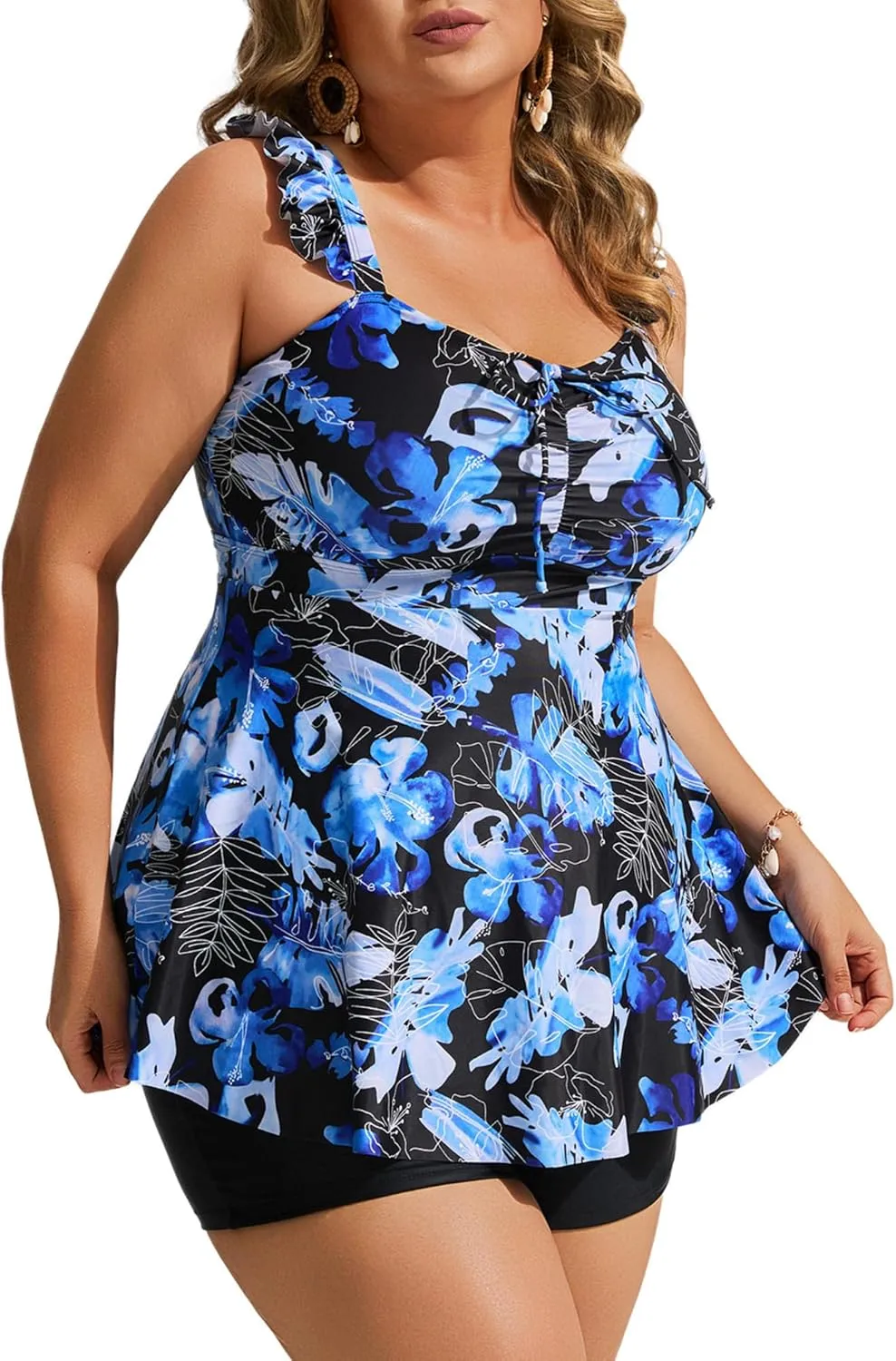 Hanna Nikole Women's Plus Size Tankini Swimsuit Ruffled Two Piece Tummy Control Bathing Suit High Waisted Swimwear