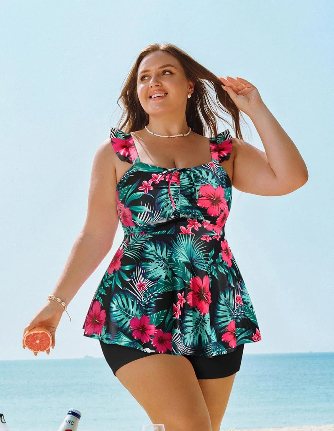 Hanna Nikole Women's Plus Size Tankini Swimsuit Ruffled Two Piece Tummy Control Bathing Suit High Waisted Swimwear