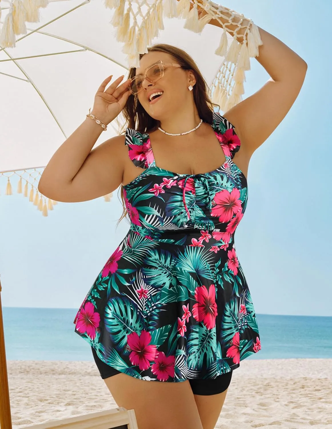 Hanna Nikole Women's Plus Size Tankini Swimsuit Ruffled Two Piece Tummy Control Bathing Suit High Waisted Swimwear