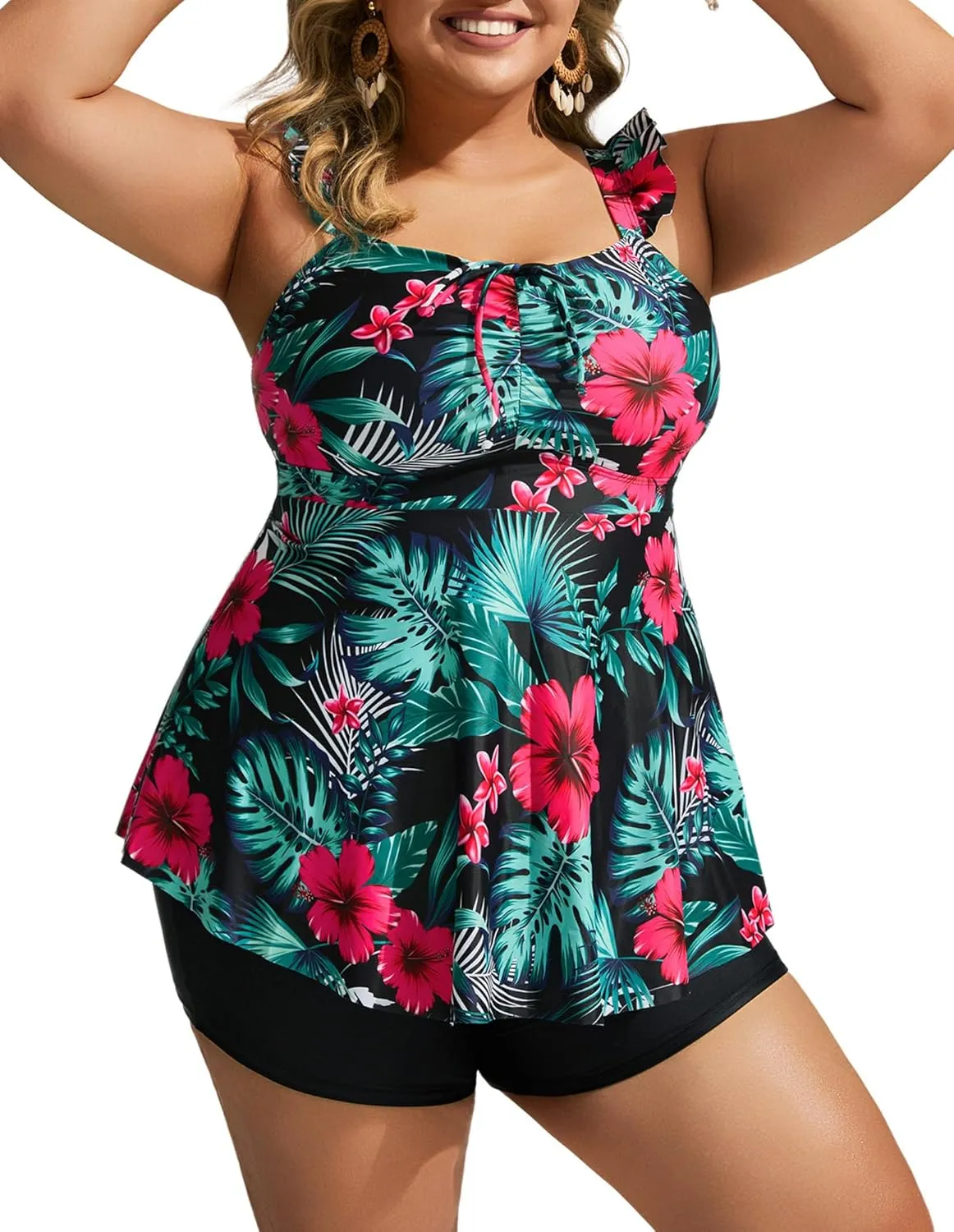 Hanna Nikole Women's Plus Size Tankini Swimsuit Ruffled Two Piece Tummy Control Bathing Suit High Waisted Swimwear