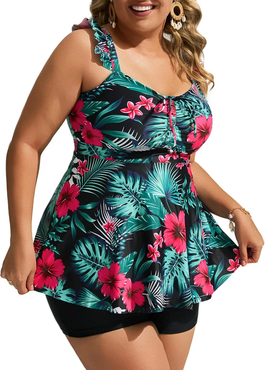Hanna Nikole Women's Plus Size Tankini Swimsuit Ruffled Two Piece Tummy Control Bathing Suit High Waisted Swimwear