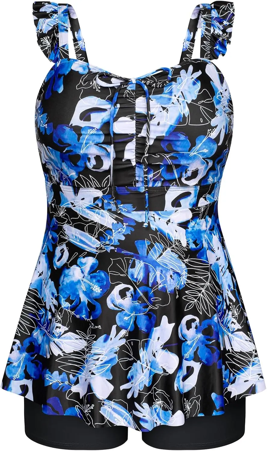 Hanna Nikole Women's Plus Size Tankini Swimsuit Ruffled Two Piece Tummy Control Bathing Suit High Waisted Swimwear