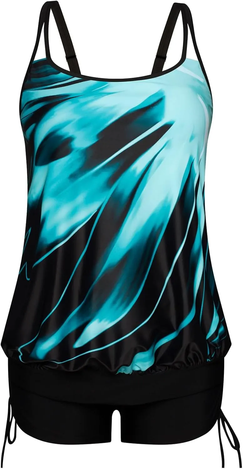 Hanna Nikole Womens Plus Size Tankini Swimsuits Two Piece Tummy Control Bathing Suits Blouson Swim Tank Top with Boy Shorts
