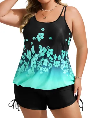Hanna Nikole Womens Plus Size Tankini Swimsuits Two Piece Tummy Control Bathing Suits Blouson Swim Tank Top with Boy Shorts