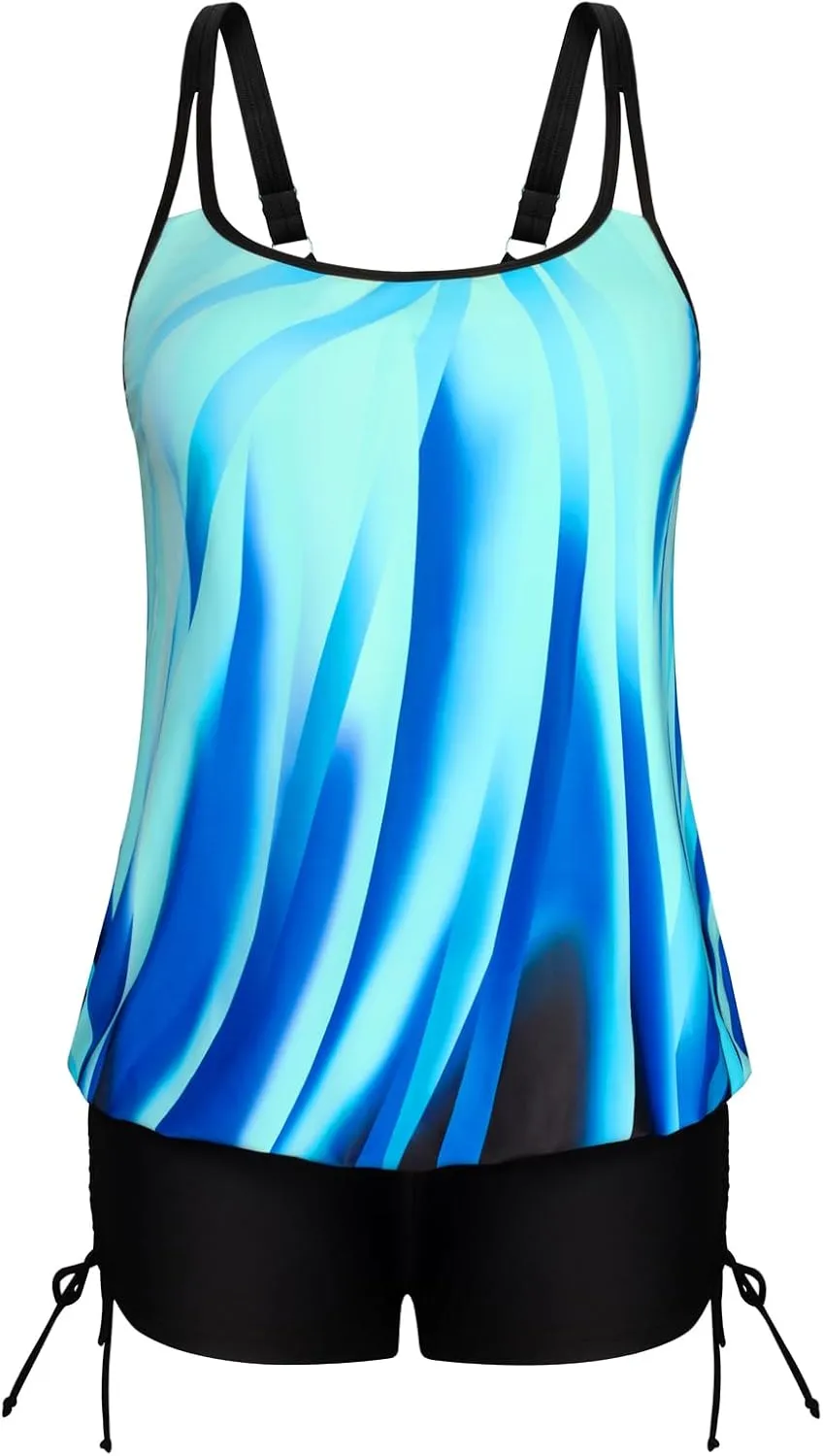 Hanna Nikole Womens Plus Size Tankini Swimsuits Two Piece Tummy Control Bathing Suits Blouson Swim Tank Top with Boy Shorts