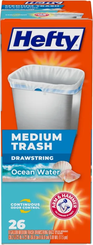 Hefty Medium Trash Bags, Ocean Water Scent, 4 Gallon, 26 Count