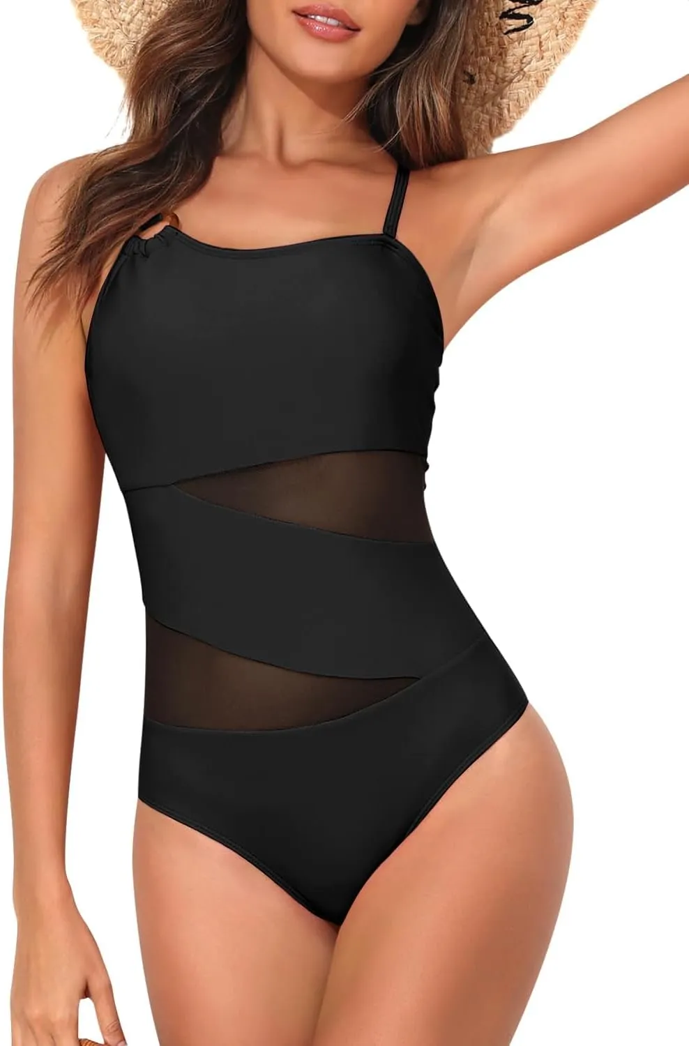 HEYTALALA One Piece Swimsuit Tummy Control One Shoulder Bathing Suits for Women Full Coverage Cutout Mesh Sexy Swimwear