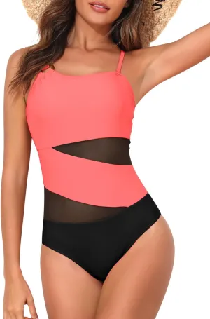 HEYTALALA One Piece Swimsuit Tummy Control One Shoulder Bathing Suits for Women Full Coverage Cutout Mesh Sexy Swimwear