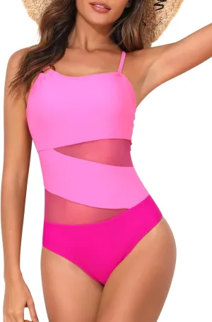 HEYTALALA One Piece Swimsuit Tummy Control One Shoulder Bathing Suits for Women Full Coverage Cutout Mesh Sexy Swimwear