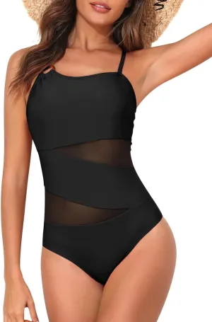 HEYTALALA One Piece Swimsuit Tummy Control One Shoulder Bathing Suits for Women Full Coverage Cutout Mesh Sexy Swimwear