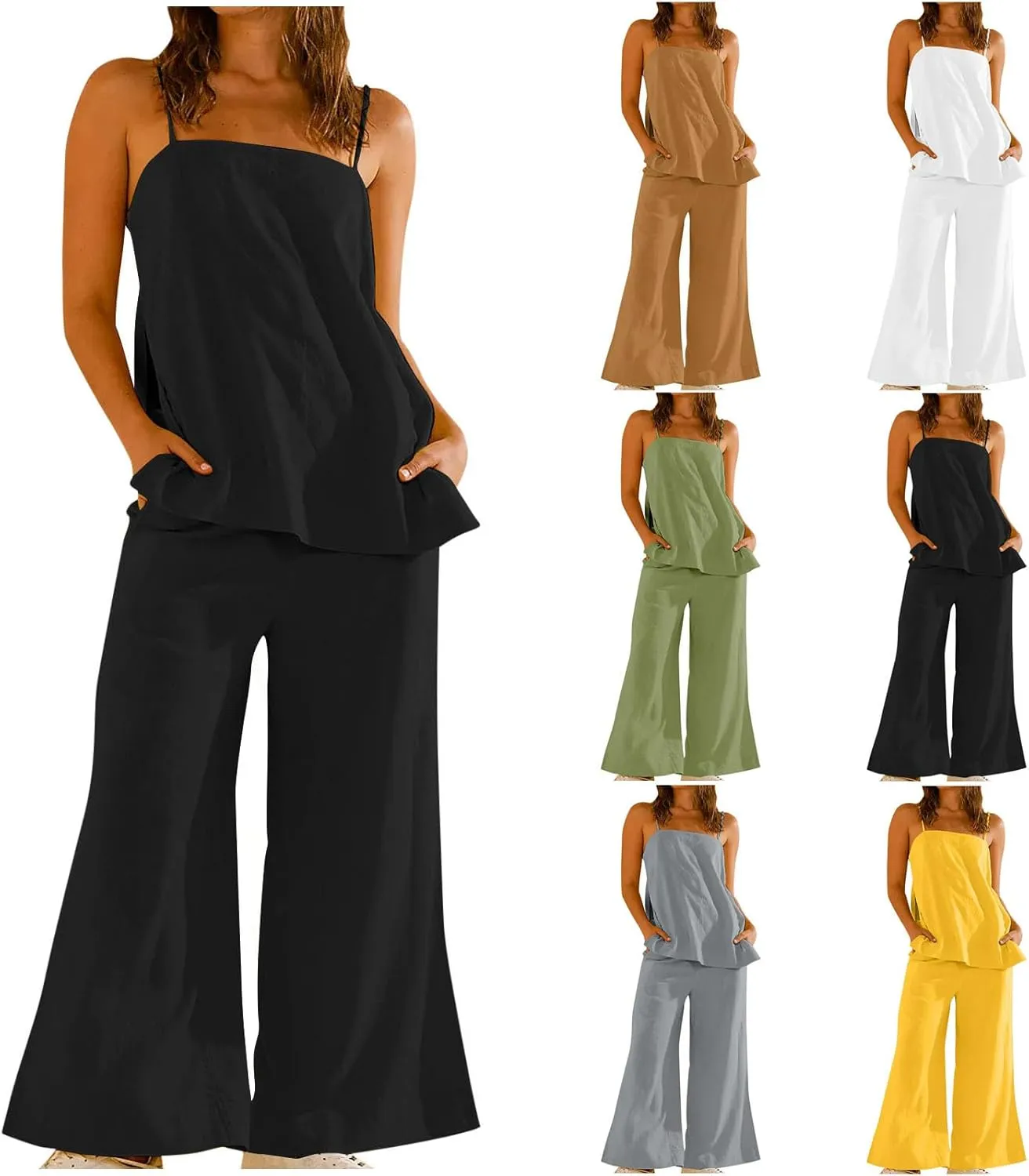 HGps8w Linen 2 Piece Sets for Women Summer 2025 Camisole Tops with Wide Leg Pants Lounge Tracksuit Vacation Travel Outfits