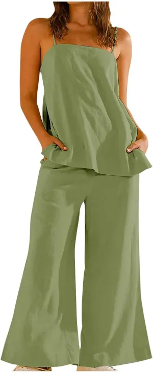 HGps8w Linen 2 Piece Sets for Women Summer 2025 Camisole Tops with Wide Leg Pants Lounge Tracksuit Vacation Travel Outfits