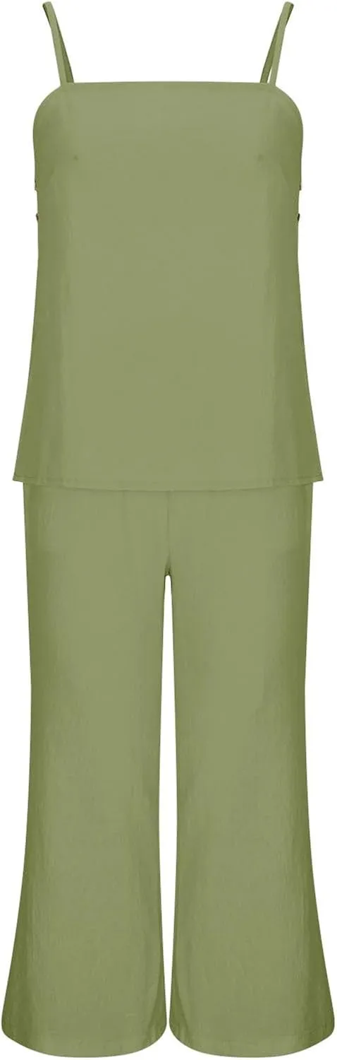 HGps8w Linen 2 Piece Sets for Women Summer 2025 Camisole Tops with Wide Leg Pants Lounge Tracksuit Vacation Travel Outfits