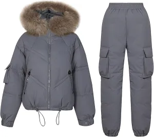 HGps8w Women's 2 Piece Outfits - Faux Fur Hooded Winter Coat Thicken Puffer Jacket Parka & Down Pants Warm Ski Snow Suits