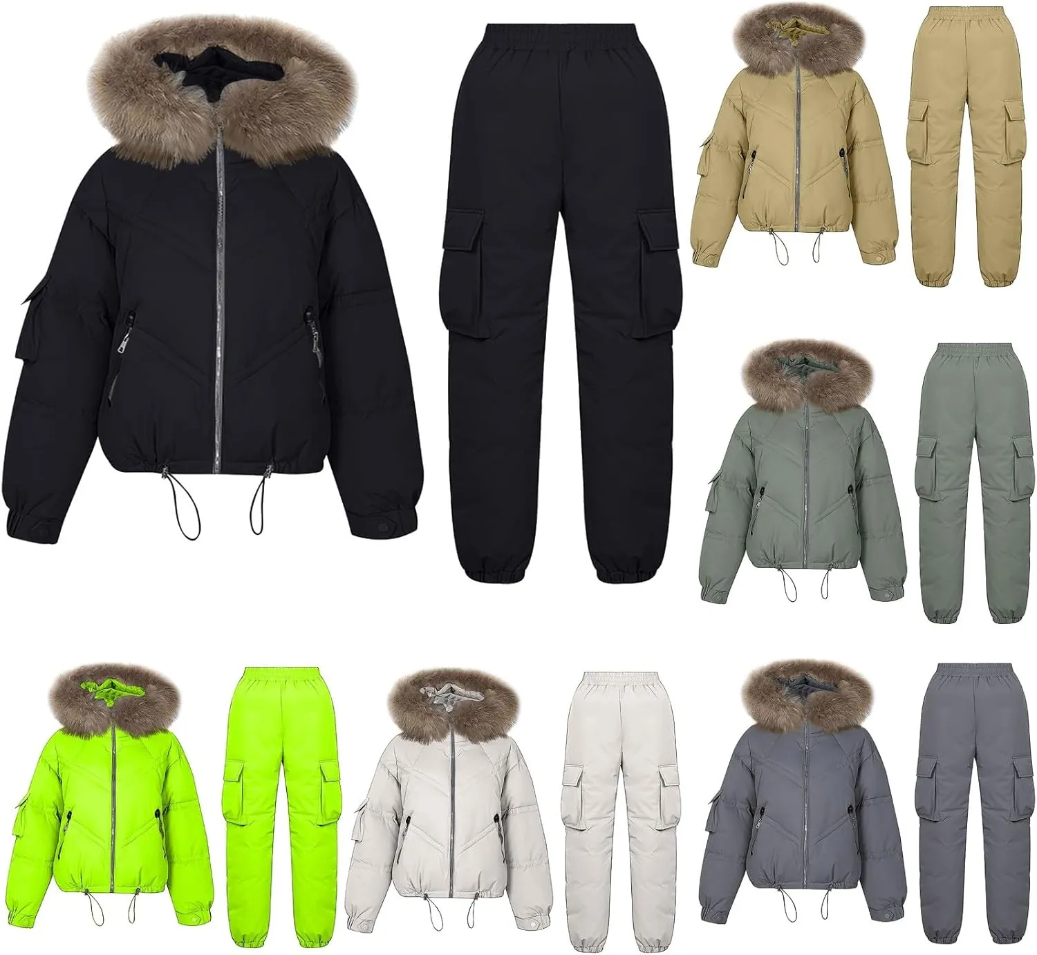 HGps8w Women's 2 Piece Outfits - Faux Fur Hooded Winter Coat Thicken Puffer Jacket Parka & Down Pants Warm Ski Snow Suits