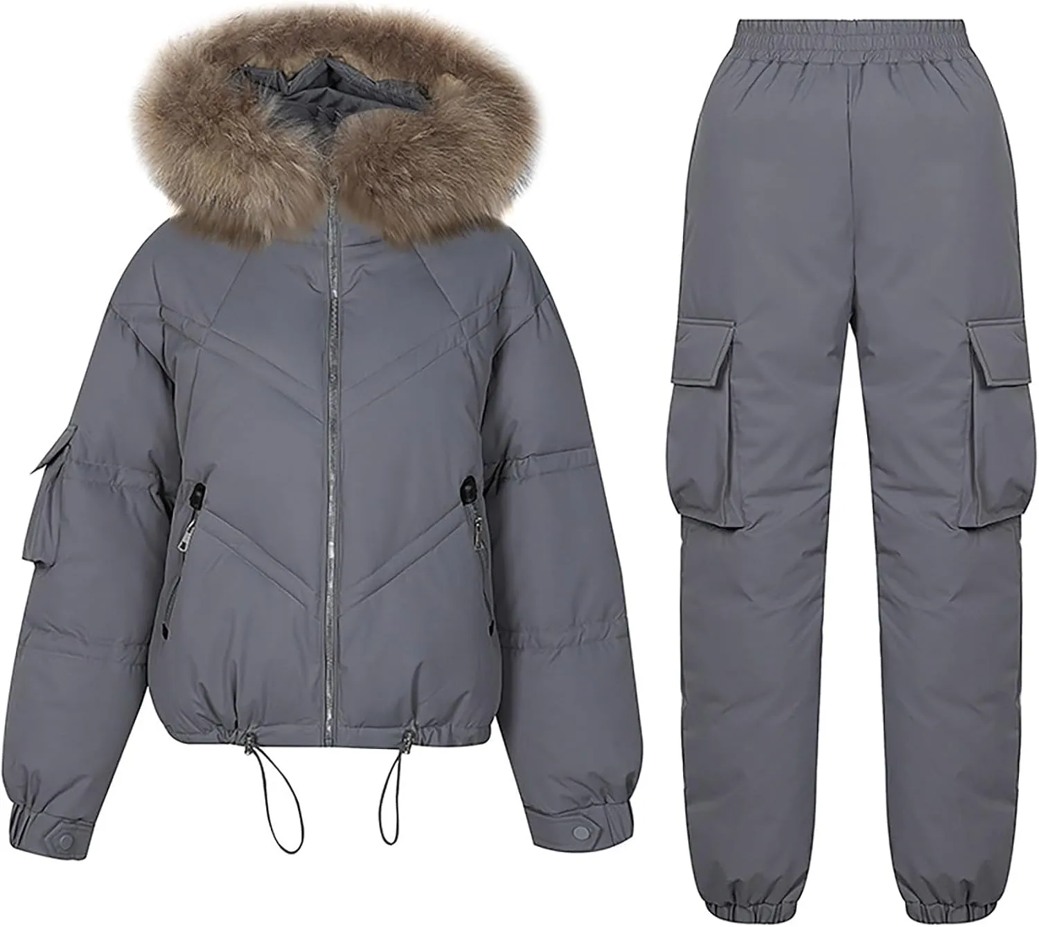HGps8w Women's 2 Piece Outfits - Faux Fur Hooded Winter Coat Thicken Puffer Jacket Parka & Down Pants Warm Ski Snow Suits