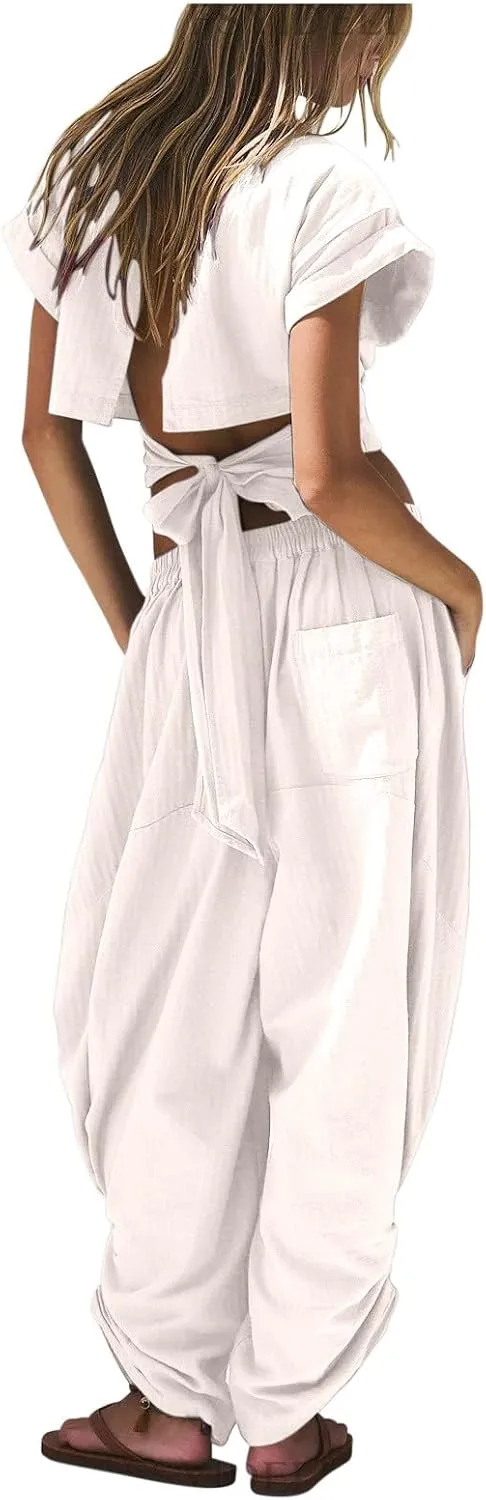 HGps8w Women's Two Piece Outfits Matching Dance Workout Sets Short Sleeve Crop Top with Baggy Harem Pants Athletic Tracksuit