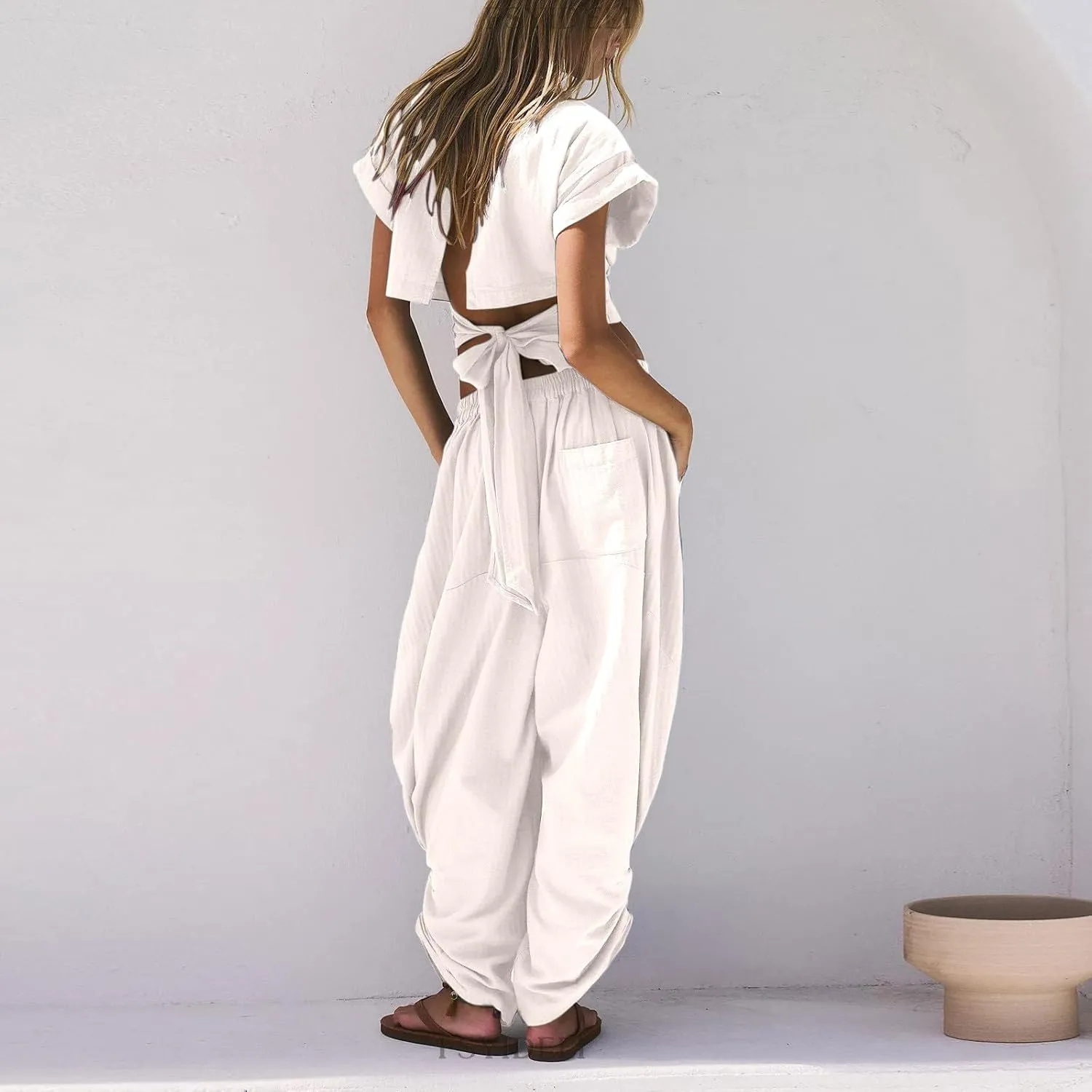 HGps8w Women's Two Piece Outfits Matching Dance Workout Sets Short Sleeve Crop Top with Baggy Harem Pants Athletic Tracksuit
