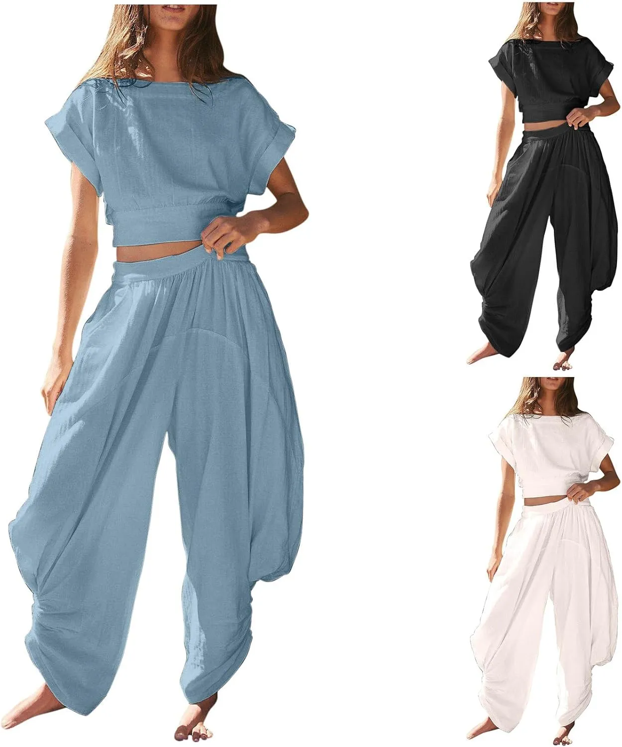 HGps8w Women's Two Piece Outfits Matching Dance Workout Sets Short Sleeve Crop Top with Baggy Harem Pants Athletic Tracksuit