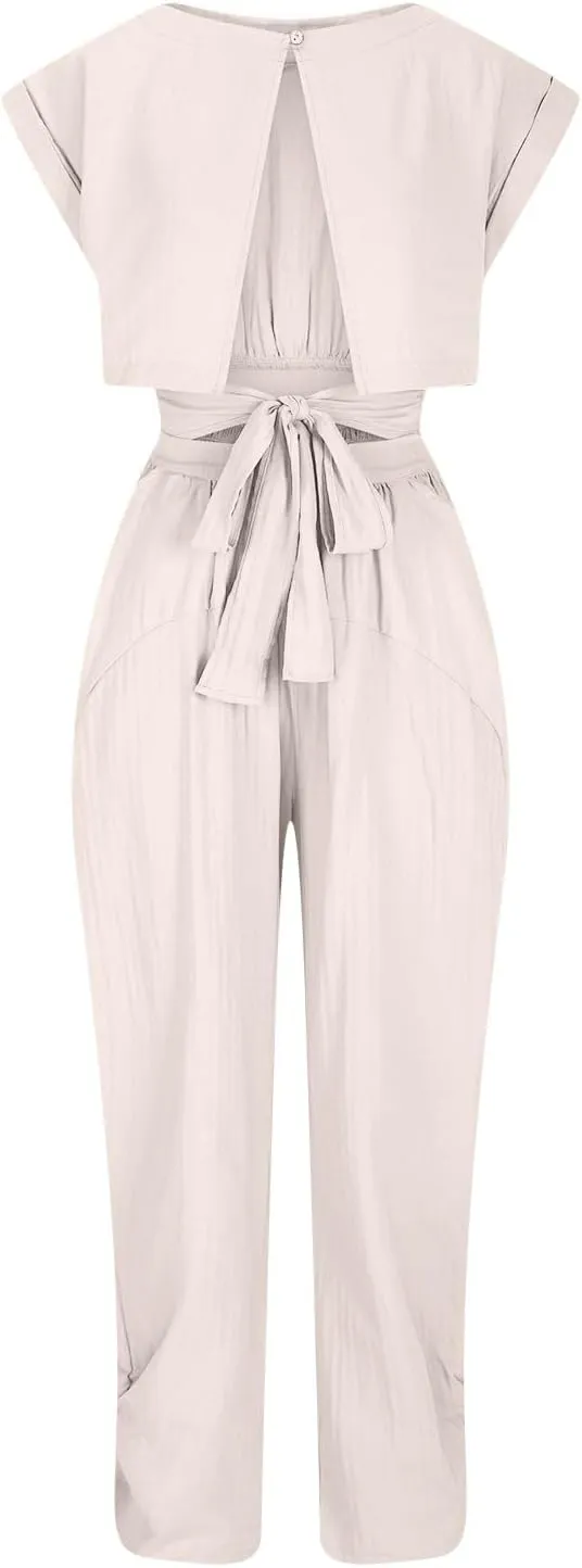 HGps8w Women's Two Piece Outfits Matching Dance Workout Sets Short Sleeve Crop Top with Baggy Harem Pants Athletic Tracksuit