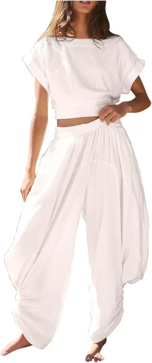 HGps8w Women's Two Piece Outfits Matching Dance Workout Sets Short Sleeve Crop Top with Baggy Harem Pants Athletic Tracksuit
