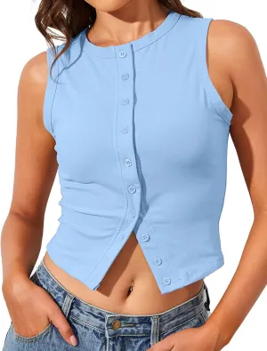 High Neck Tank Tops for Women Button Front Sleeveless Summer Cropped Tank Casual Slim Fitted Tank Tops