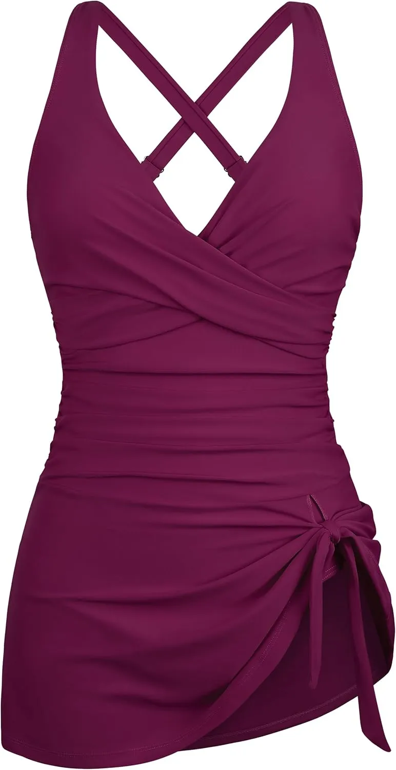 Hilor Women's Underwire One Piece Swimdress Tummy Control Bathing Suits V Neck Swimsuits Swim Dress Crossover Skirt Swimwear