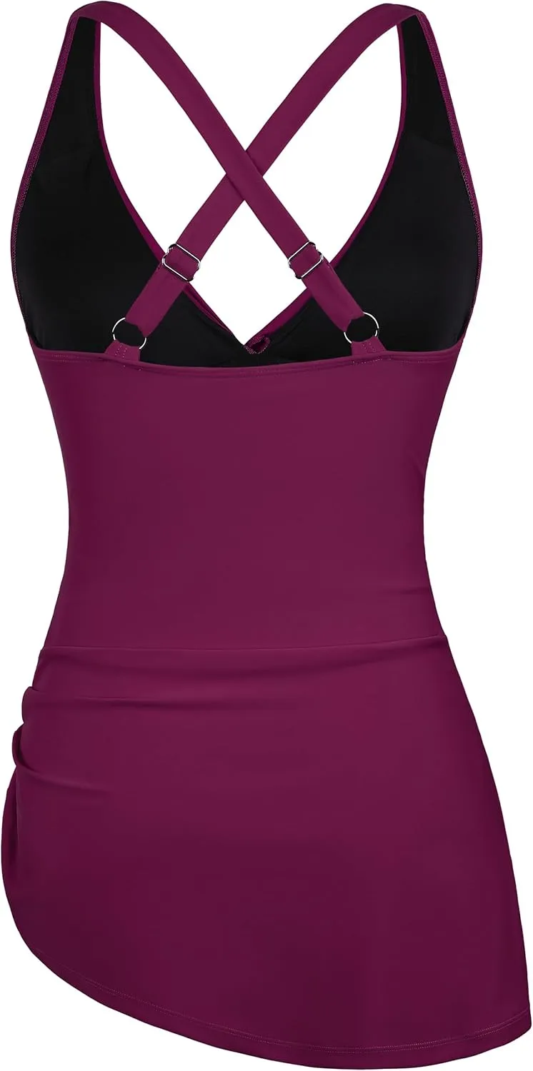 Hilor Women's Underwire One Piece Swimdress Tummy Control Bathing Suits V Neck Swimsuits Swim Dress Crossover Skirt Swimwear