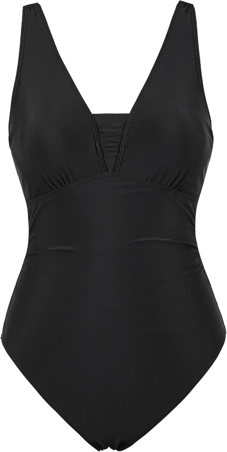 Hilor Women's Underwire One Piece Swimsuits Slimming Tummy Control Bathing Suits V Neck Swimwear