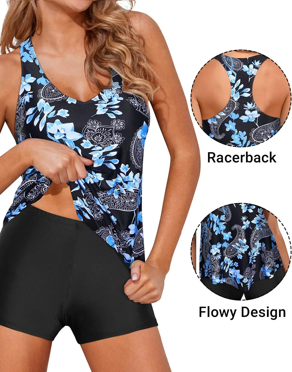 Holipick Two Piece Tankini Swimsuits for Women Tummy Control Bathing Suits Flowy Swim Tank Top with Boy Shorts
