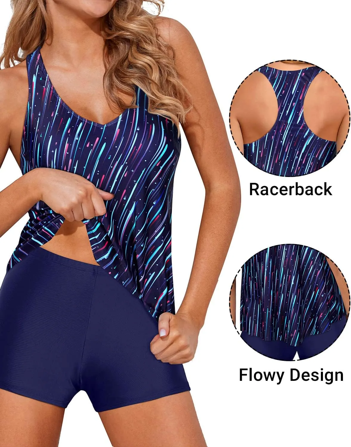 Holipick Two Piece Tankini Swimsuits for Women Tummy Control Bathing Suits Flowy Swim Tank Top with Boy Shorts